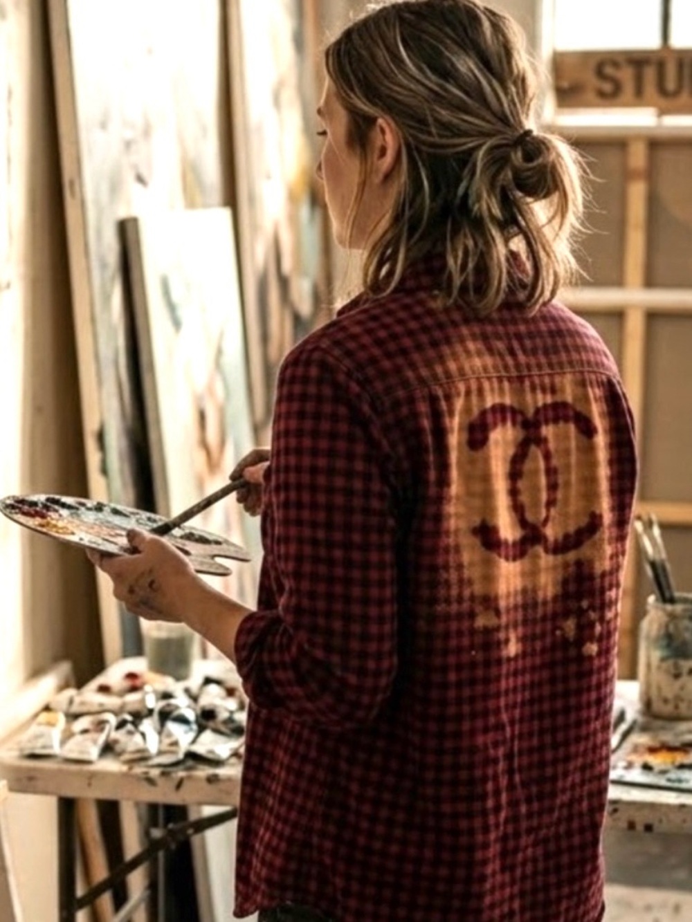 Upcycled Plaid Button-Up Flannel Shirt with Chanel Logo Detail